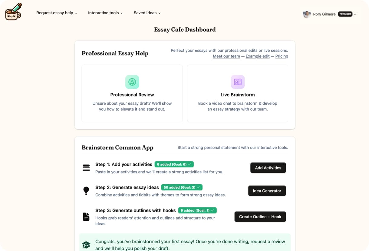 The Essay Cafe dashboard, showing professional essay help and brainstorm tools
